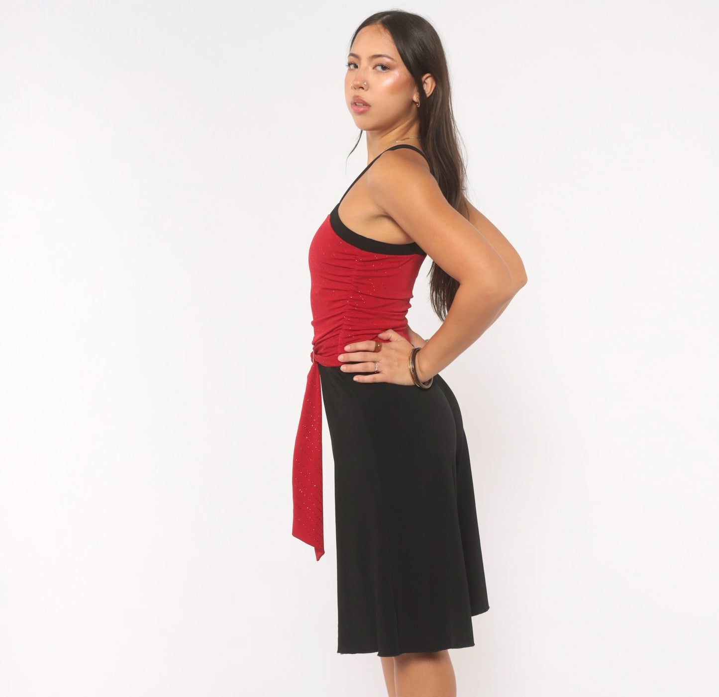 Y2K Byergirl Red Glitter Black Wide-Leg Jumpsuit Ruched Bodice XS