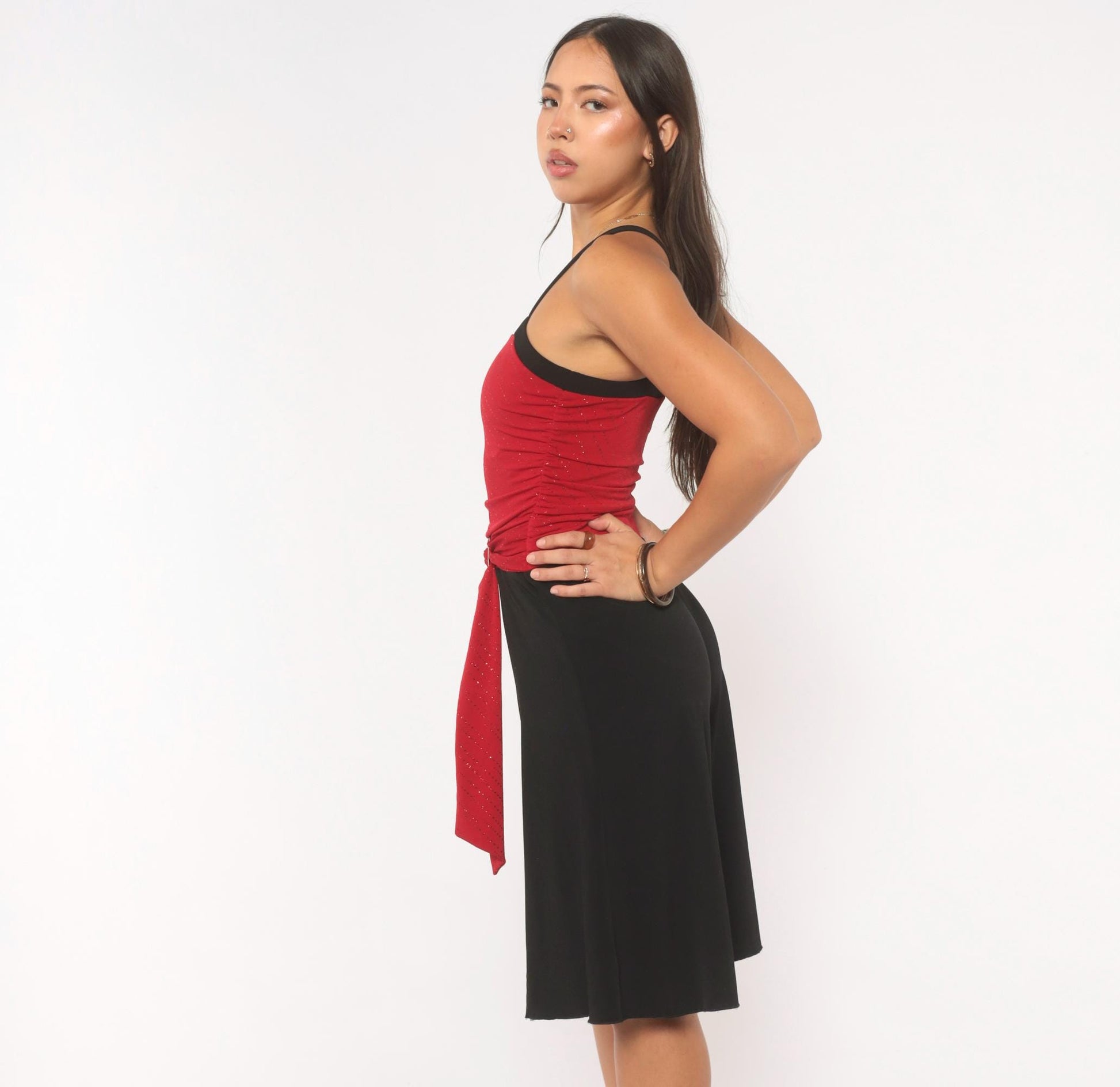 Y2K Byergirl Red Glitter Black Wide-Leg Jumpsuit Ruched Bodice XS