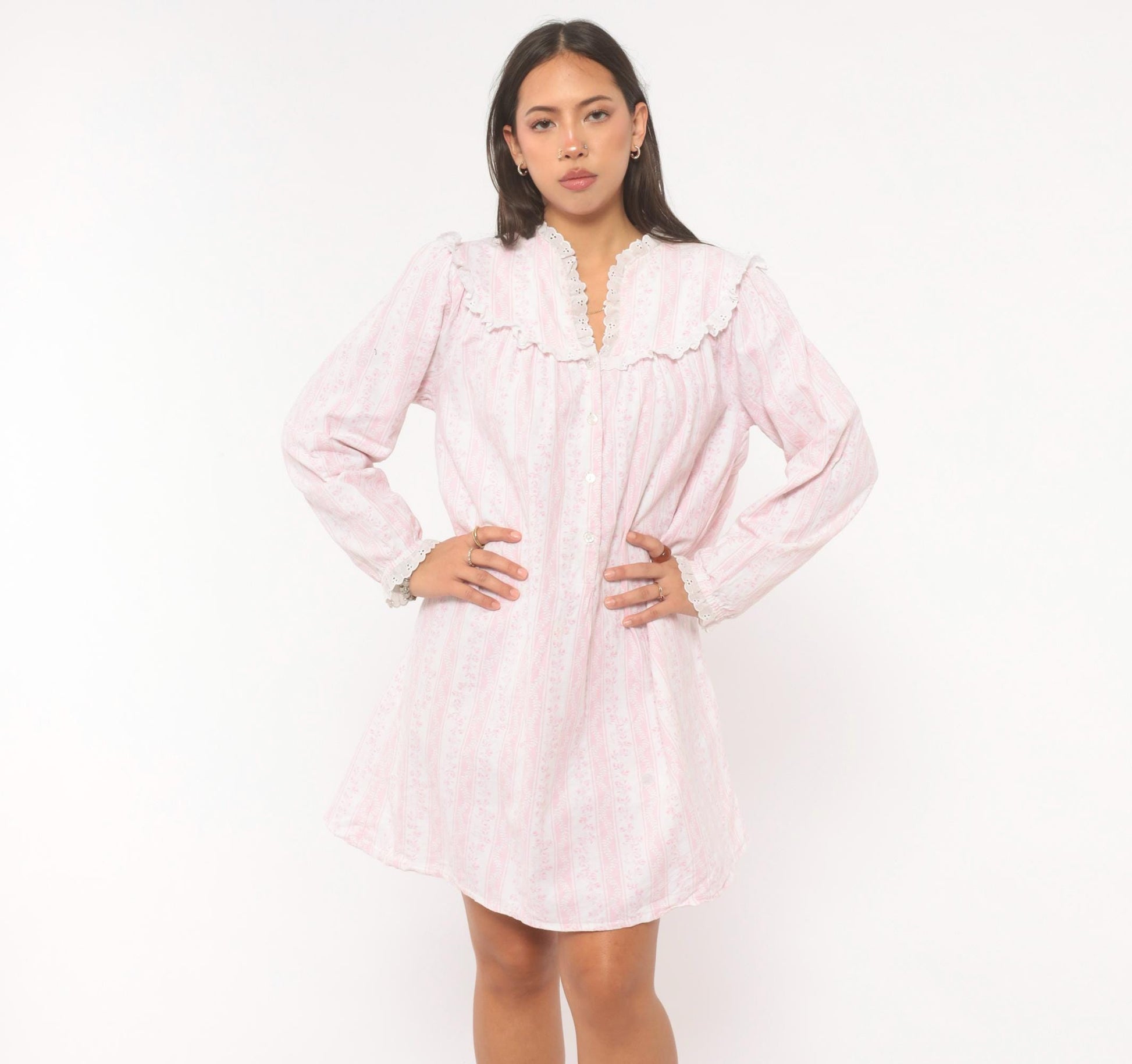 80s Larz of Salzbury Pink Floral Striped Cotton Nightgown Small