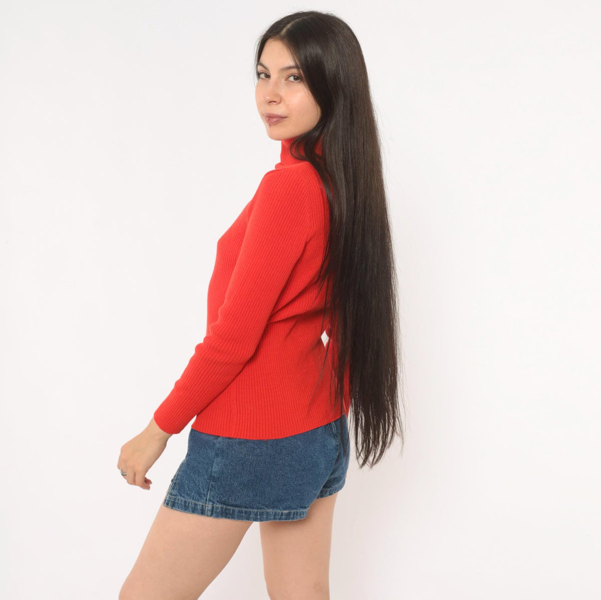 70s Red Ribbed Knit Turtleneck Sweater Fitted Pullover Back Zip Small Medium