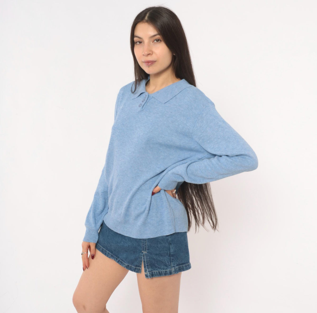 90s Blair Powder Blue Polo Sweater Knit Collar Button Pullover Medium