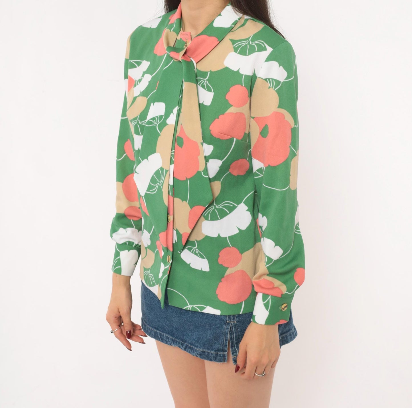 70s Lady Carol Floral Blouse Green Poppy Pussy Bow Button Front Medium