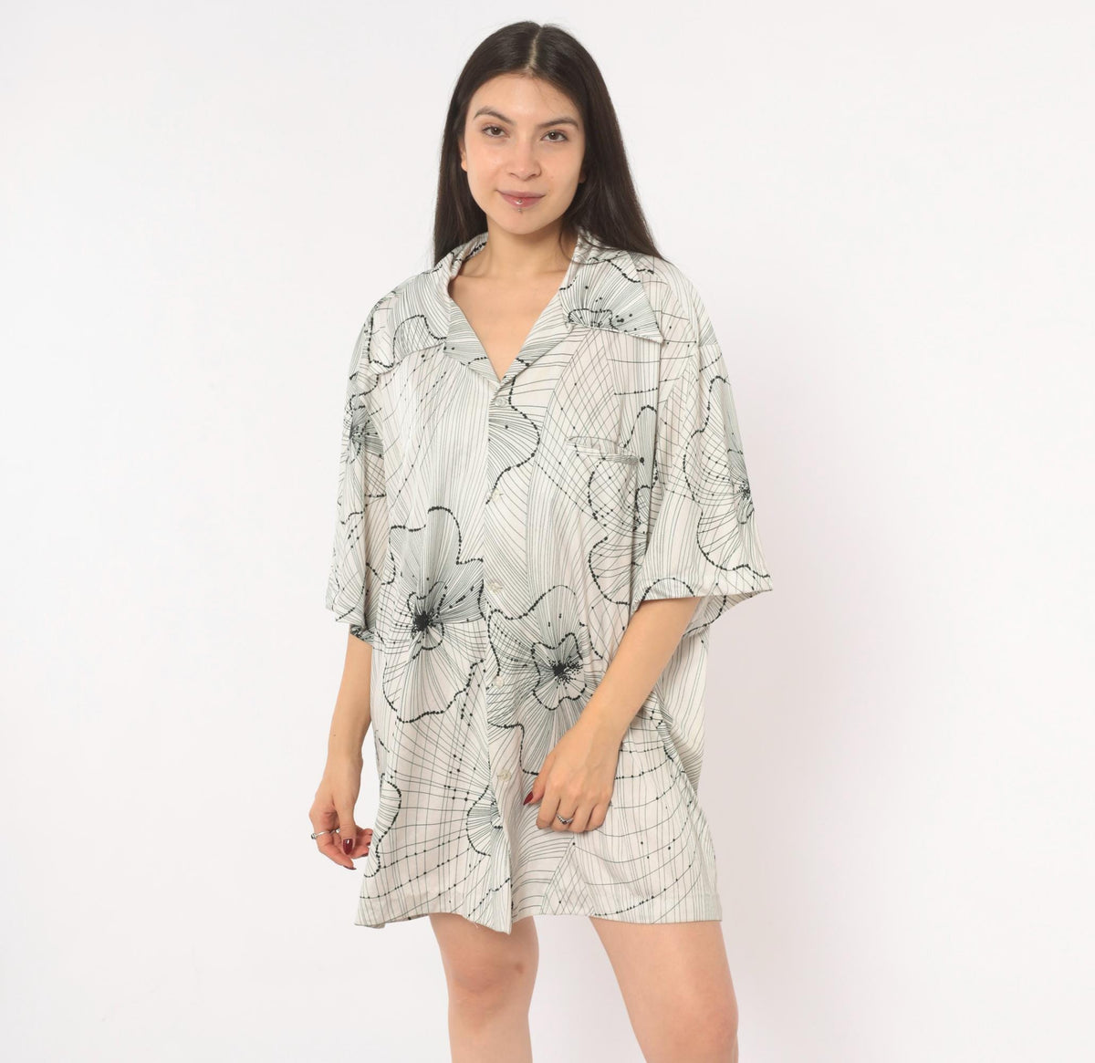 70s Kramers Honolulu Hawaiian Shirt Black Floral Line Art White Plus Size XXL