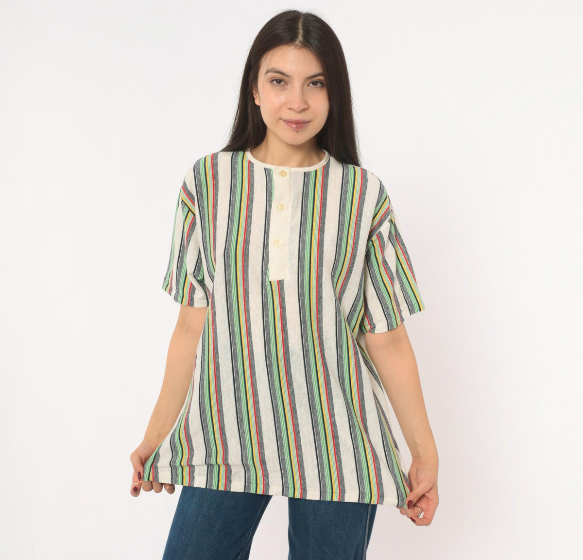 70s Esprit Multicolor Striped Henley Short Sleeve Cotton Shirt Extra Large XL