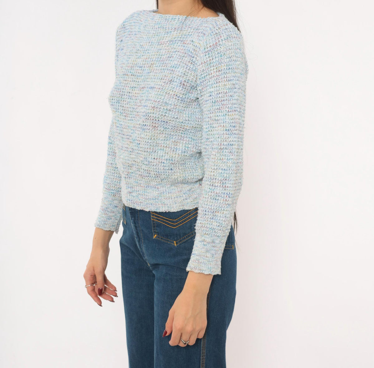 70s Powder Blue Speckled Knit Sweater Boat Neck Cropped Small