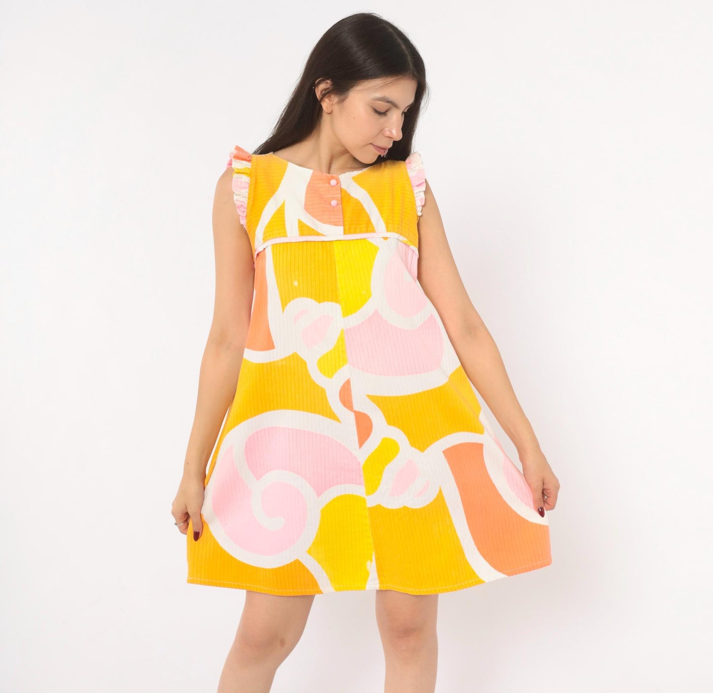 70s Andrade Hawaiian Swirl Mini Dress Yellow Pink Orange Ruffle Cap Sleeve Small