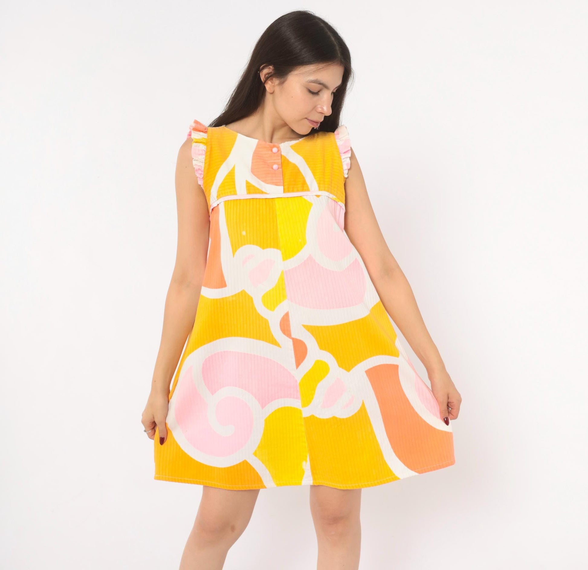 70s Andrade Hawaiian Swirl Mini Dress Yellow Pink Orange Ruffle Cap Sleeve Small