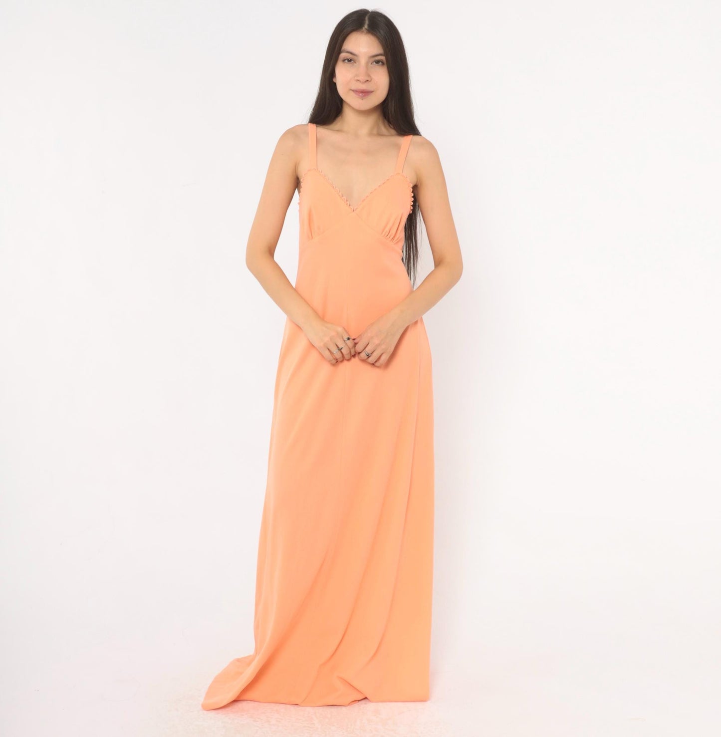 70s Peach Maxi Dress V-Neck Empire Waist Scalloped Lace Spaghetti Strap Medium M