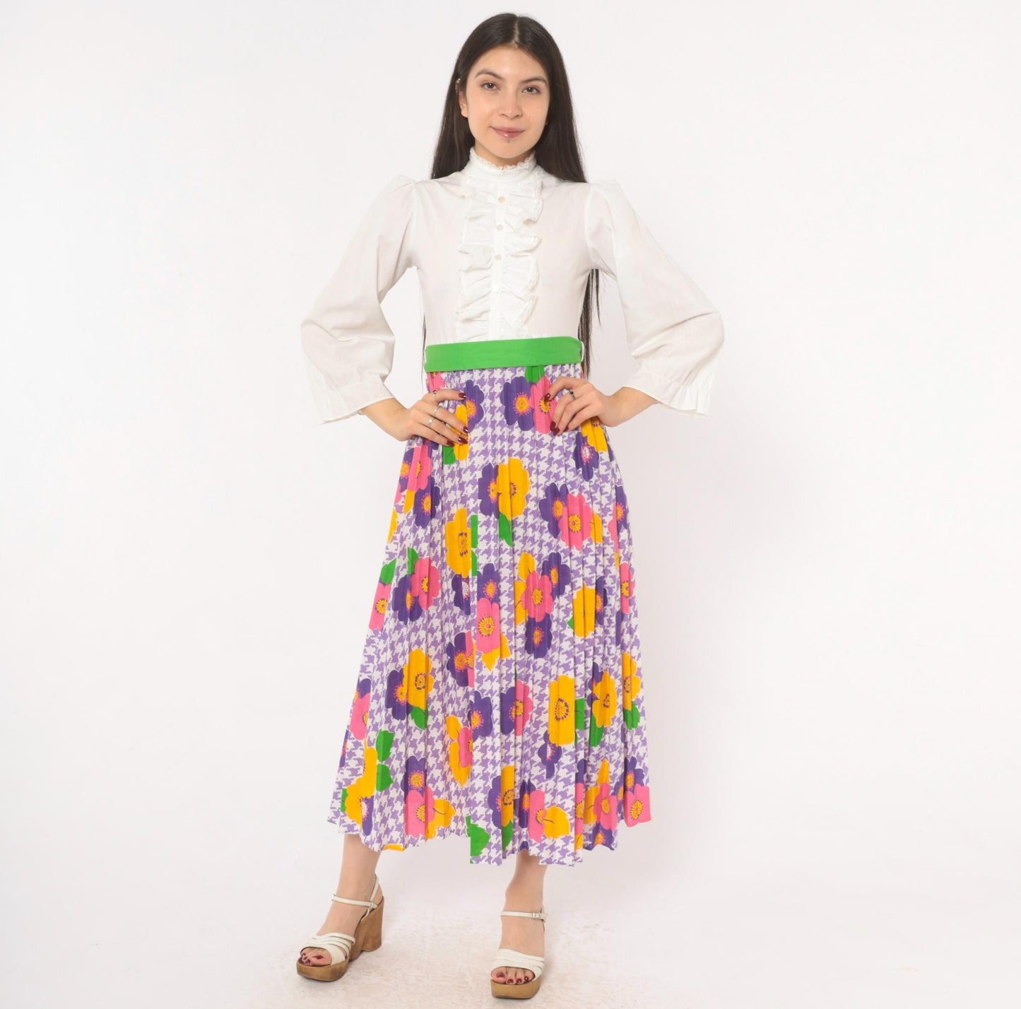 70s Growing Girl Floral Midi Dress Puff Sleeve High Neck White Purple Pink Extra Small XS