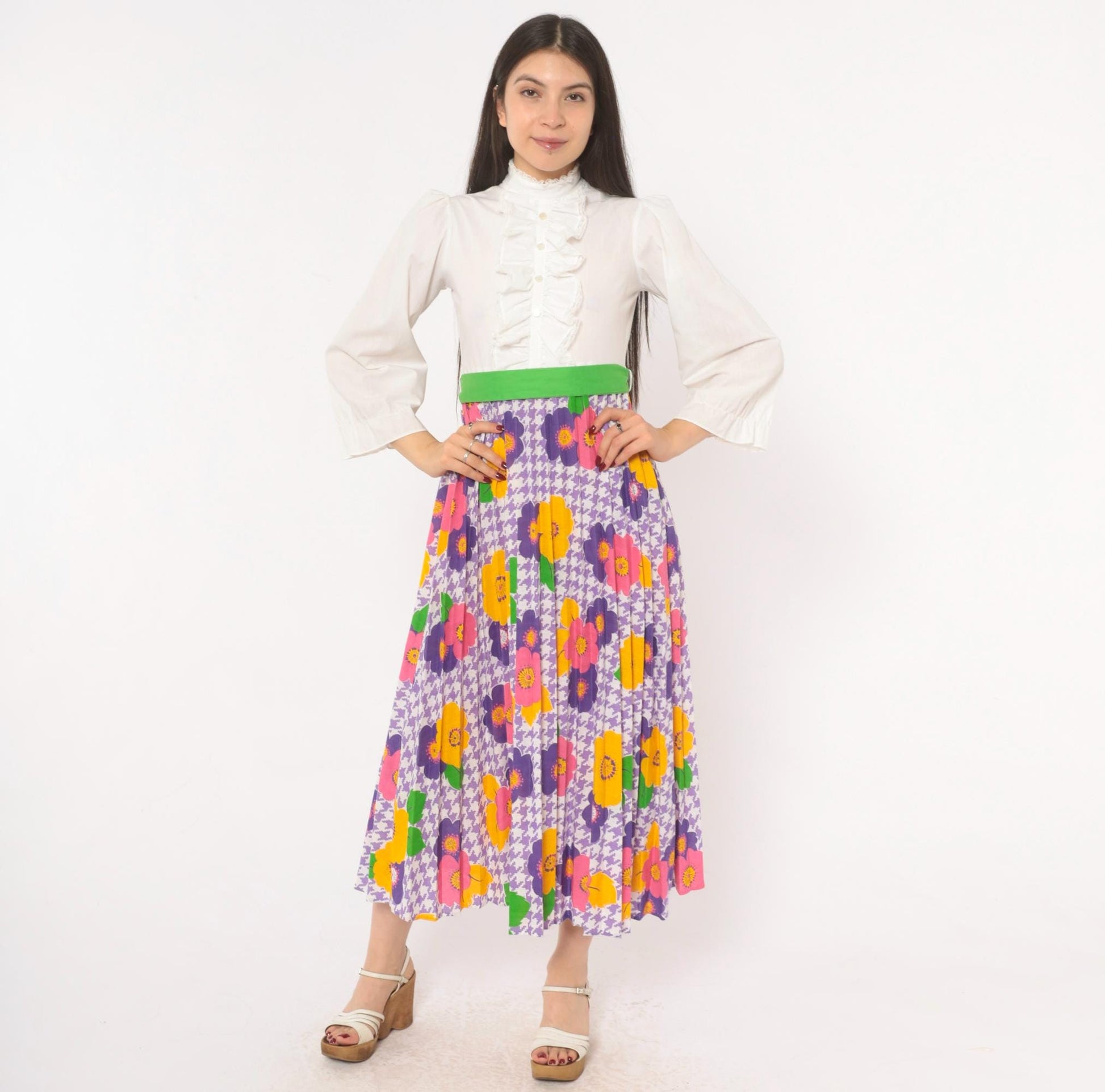 70s Growing Girl Floral Midi Dress Puff Sleeve High Neck White Purple Pink Extra Small XS