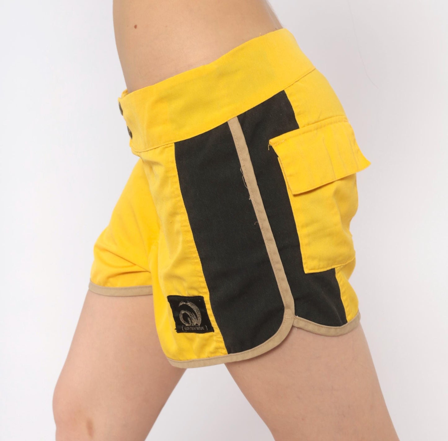 70s Golden Wave Board Shorts Yellow Black Colour Block Cotton Large L