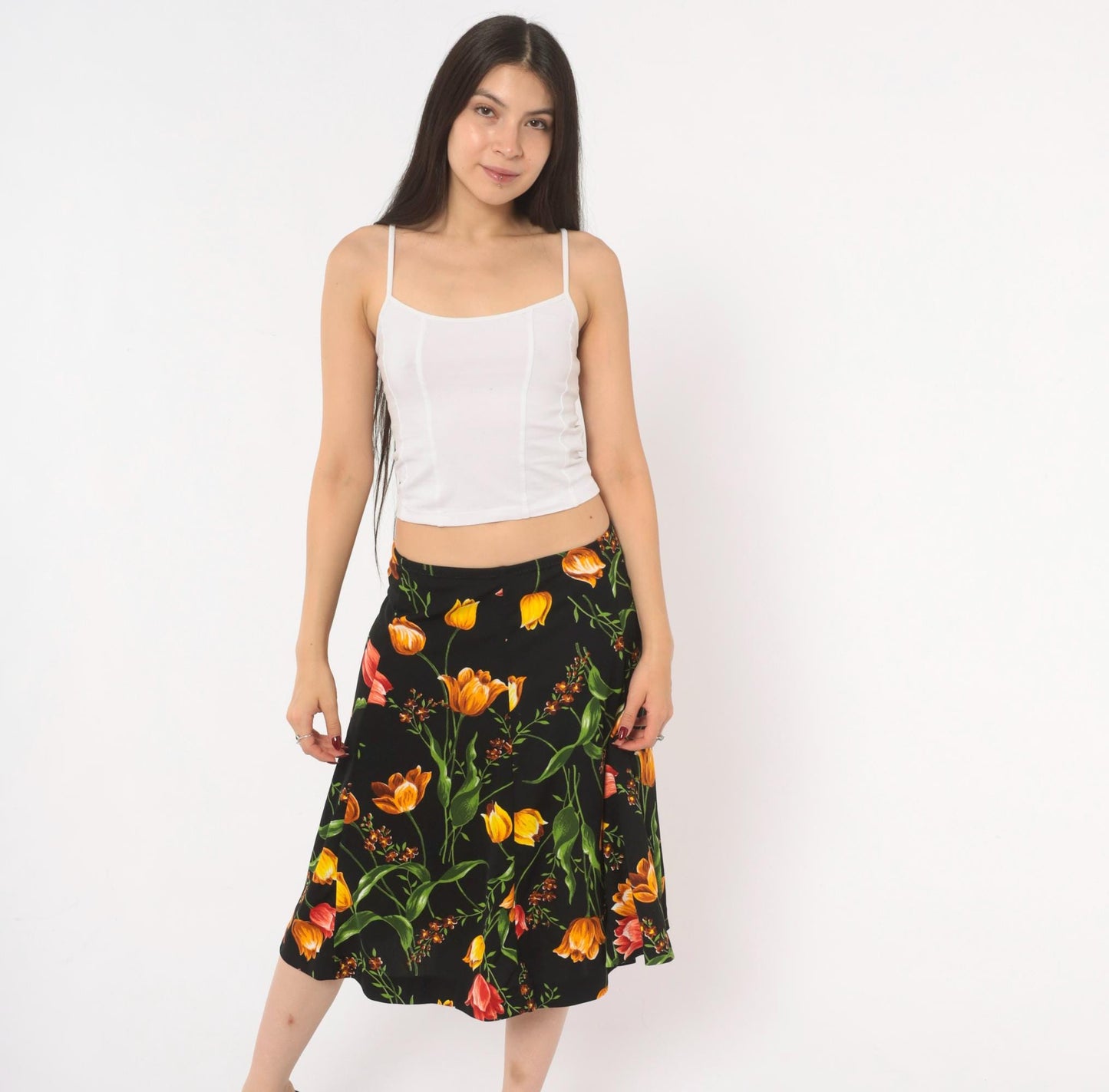 90s St Charmond Tulip Floral A-Line Skirt Black Orange Yellow Medium Large