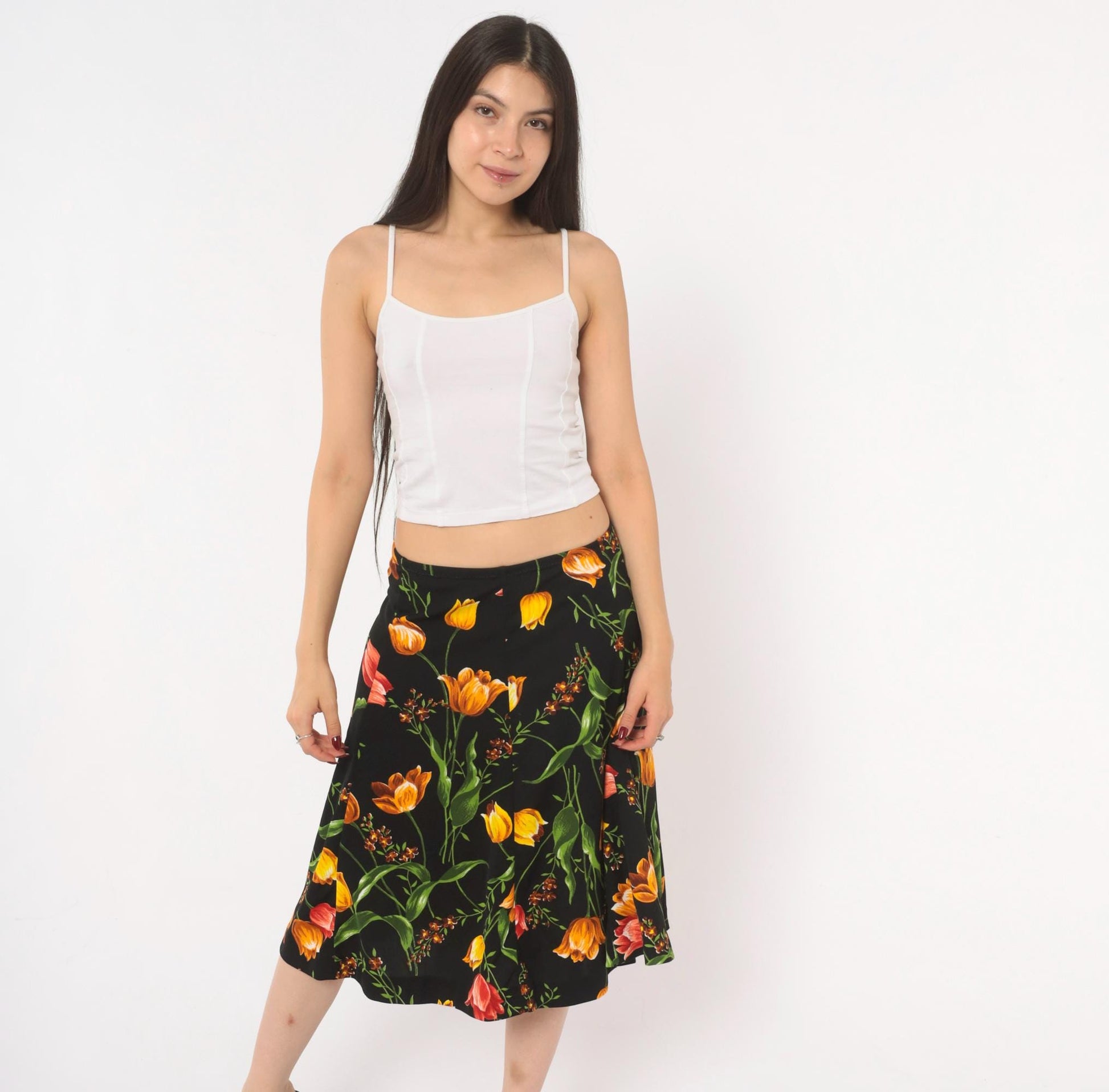 90s St Charmond Tulip Floral A-Line Skirt Black Orange Yellow Medium Large