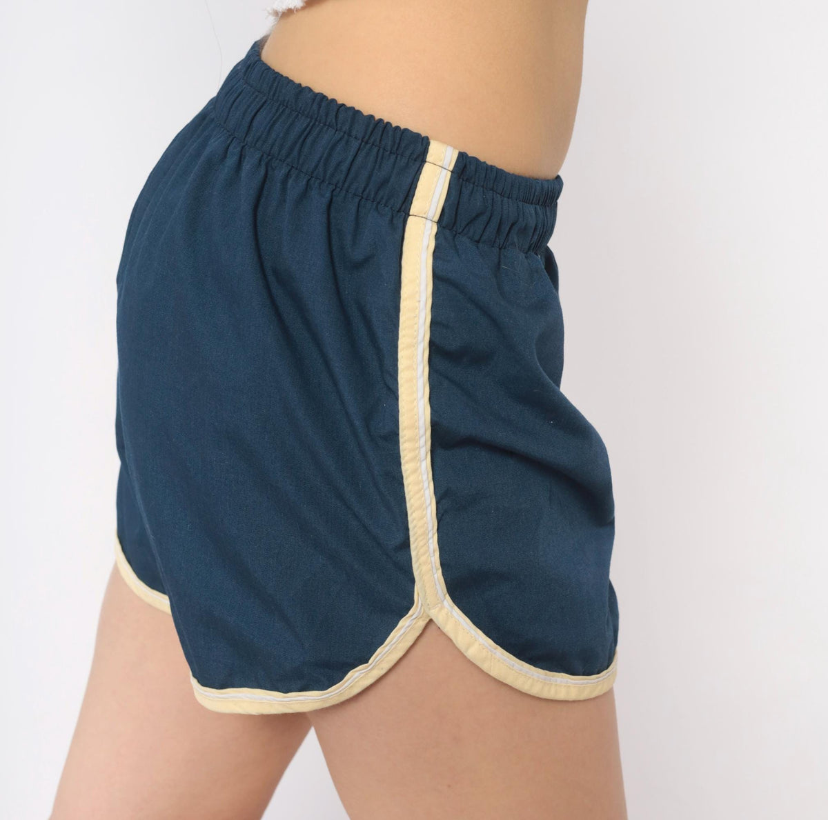 80s Jantzen Navy Running Shorts Cream Piping Dolphin Hem Cotton Medium