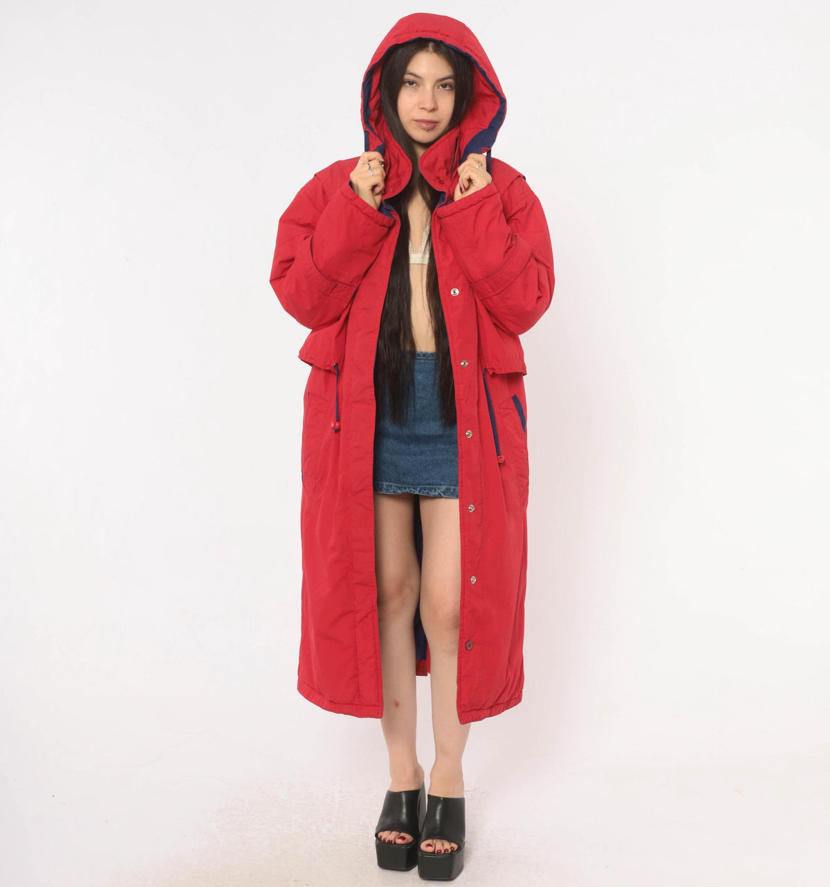 80s Red Duck Down Parka Long Hooded Coat Navy Trim Small S