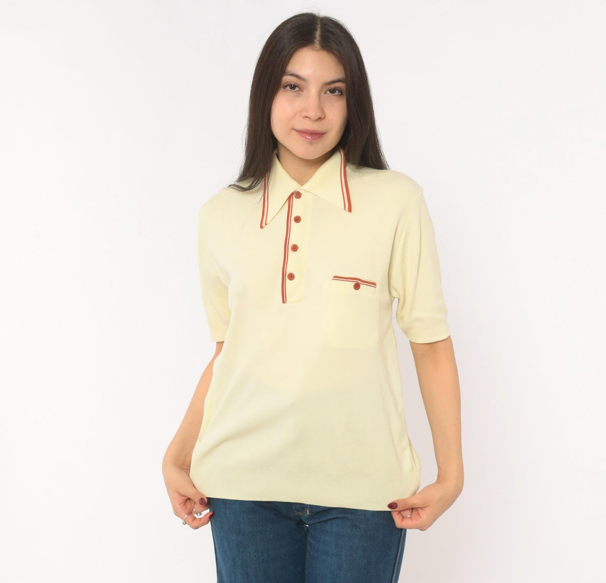 70s Ban Lon Polo Shirt Cream Rust Collar Knit Medium M