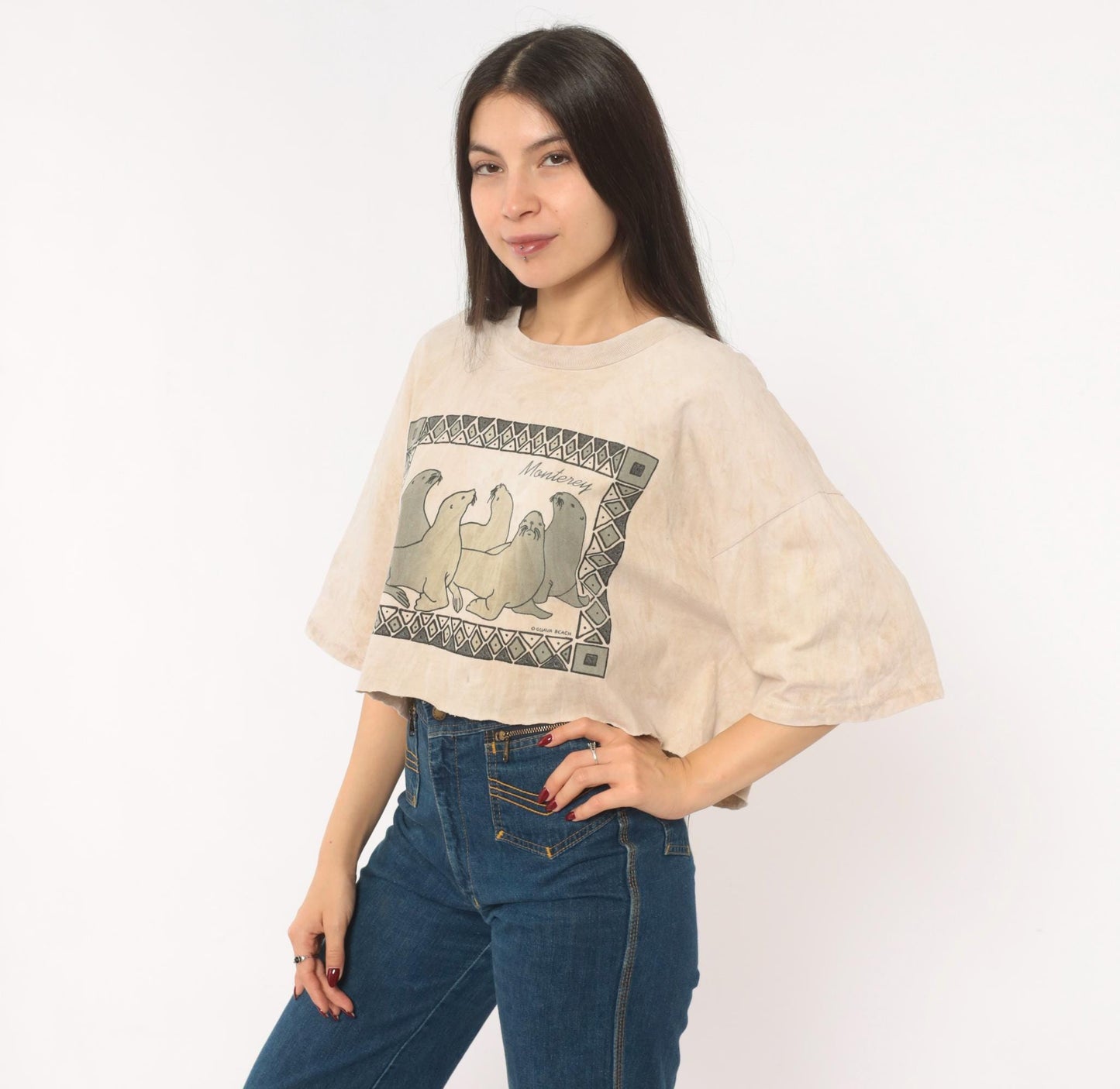 90s Guava Beach Monterey Sea Lion Crop Top Tan Acid Wash Cotton Medium