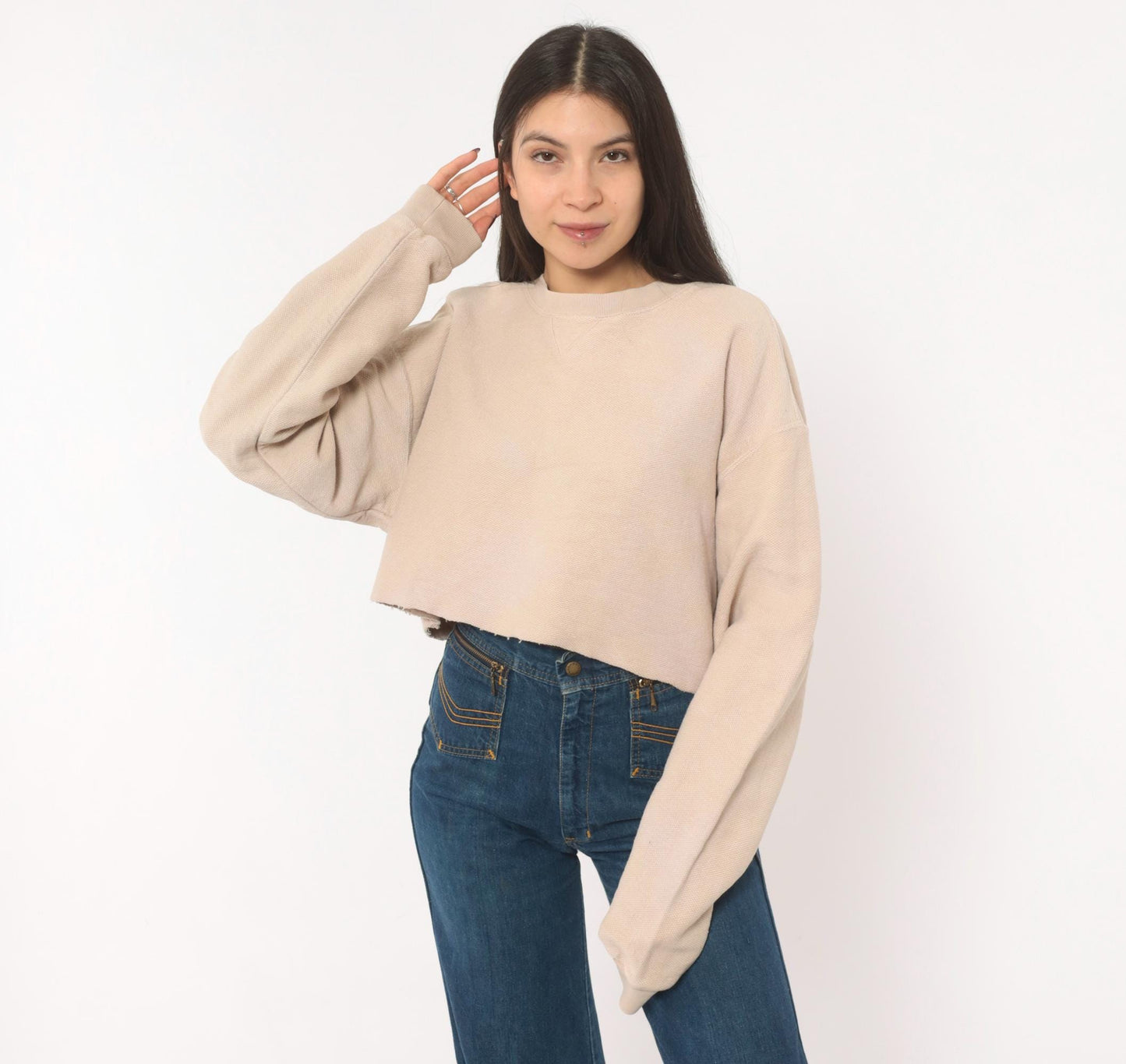 90s Lands' End Cropped Sweatshirt Tan Cotton Raglan Small