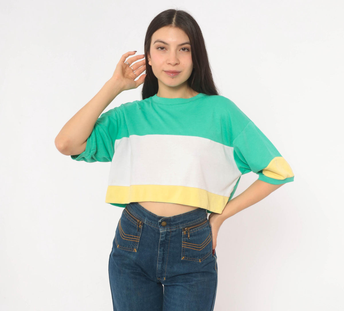 80s Color Block Crop Top Green White Yellow Cotton Medium M