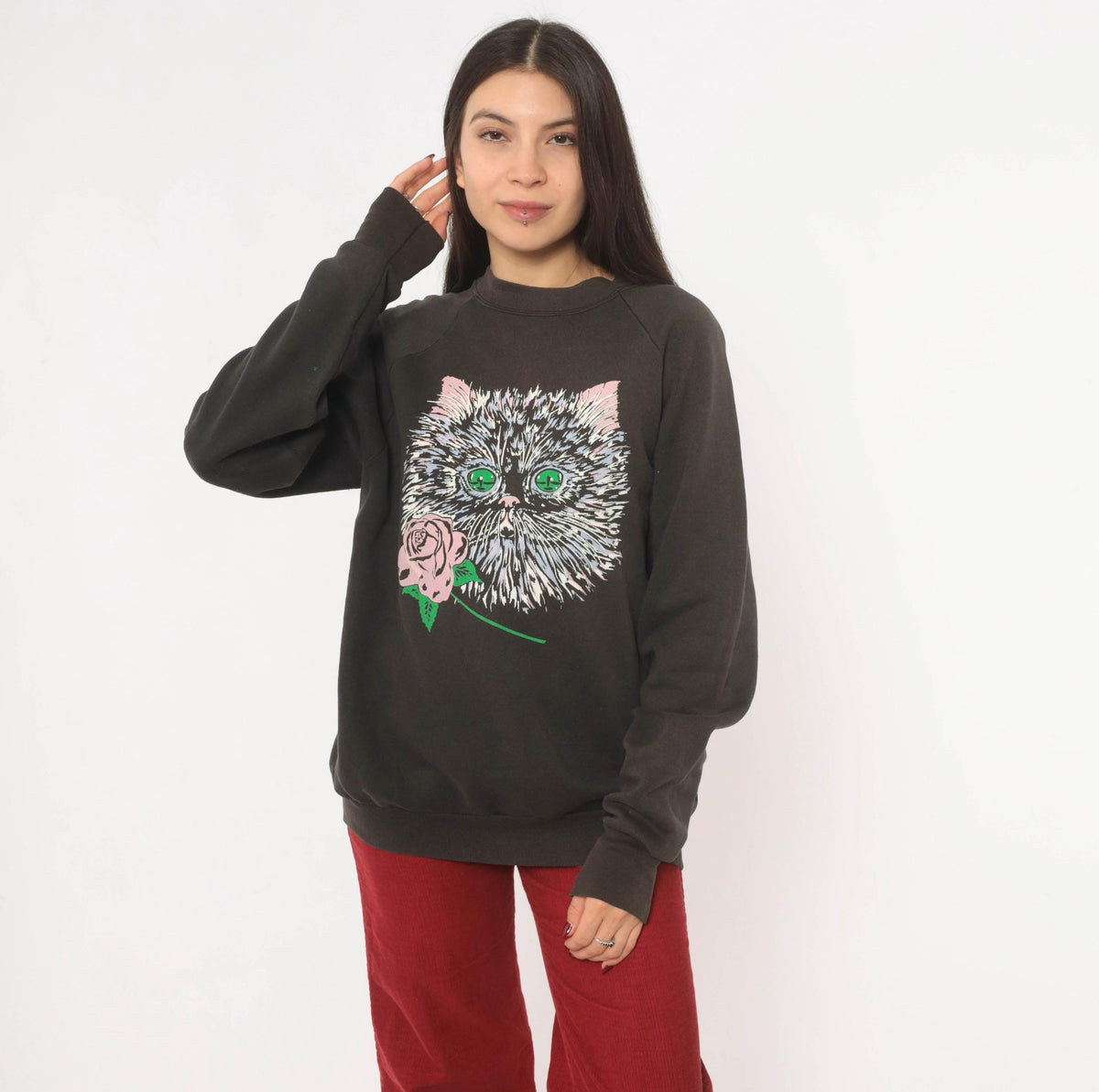 90s Fruit Of The Loom Cat Rose Raglan Sweatshirt Faded Black Large L