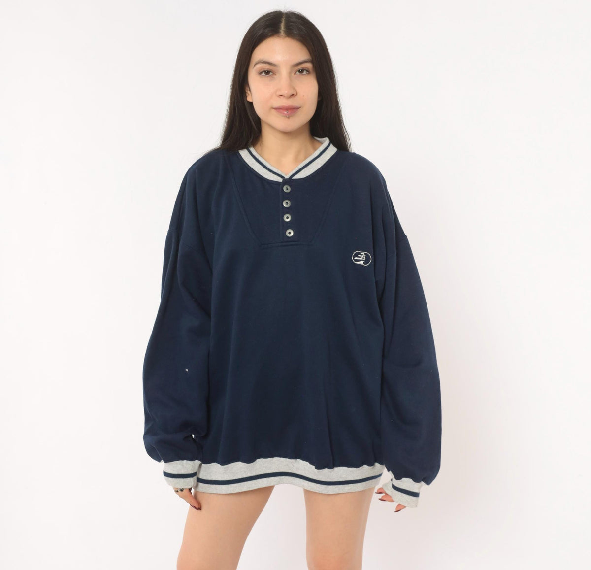 80s Puritan Navy Henley Sweatshirt Grey Stripe Snap Placket Plus Size XXL