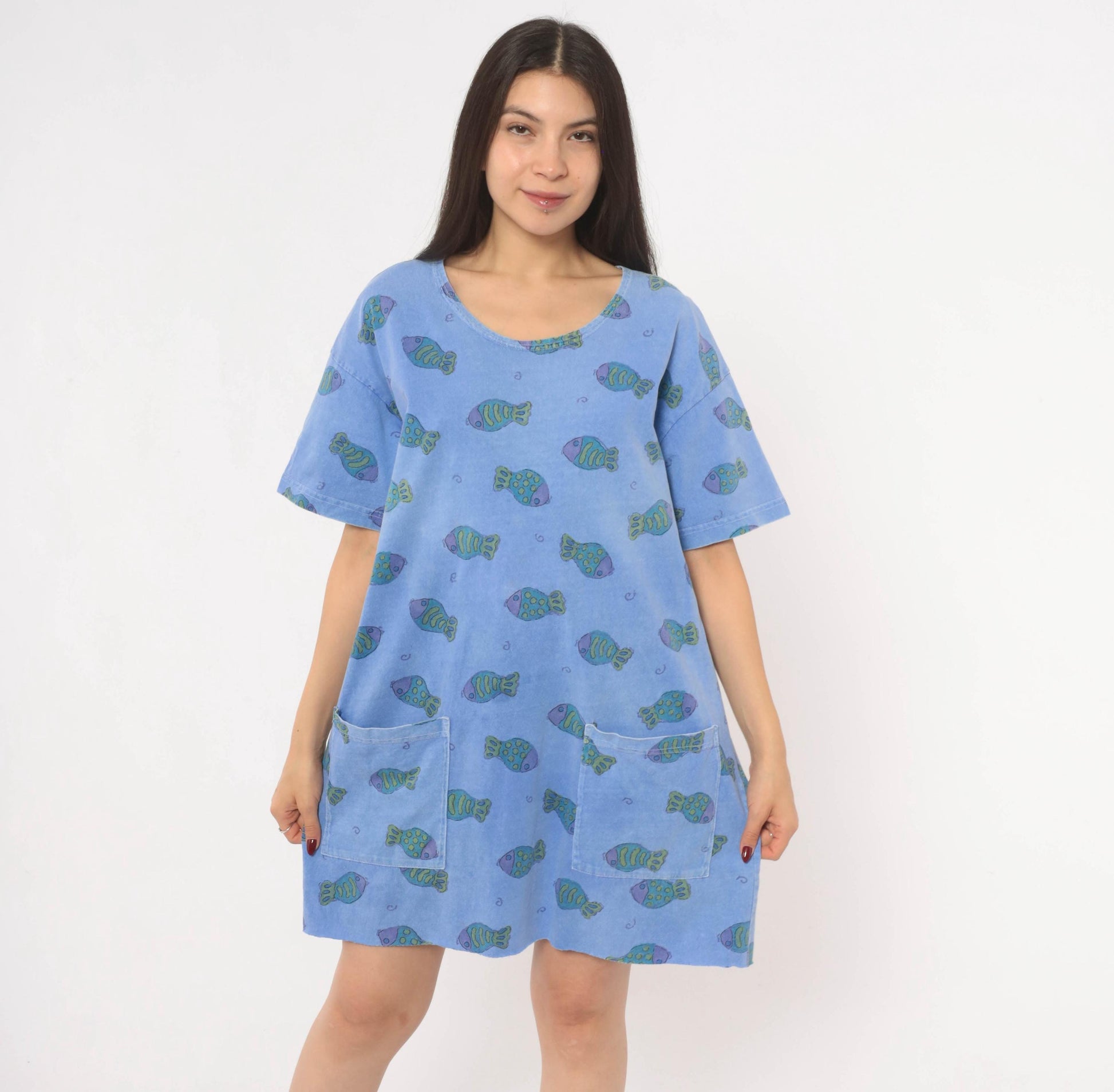 Fresh Produce Fish Print Tunic Dress Periwinkle Cotton Scoop Neck Small