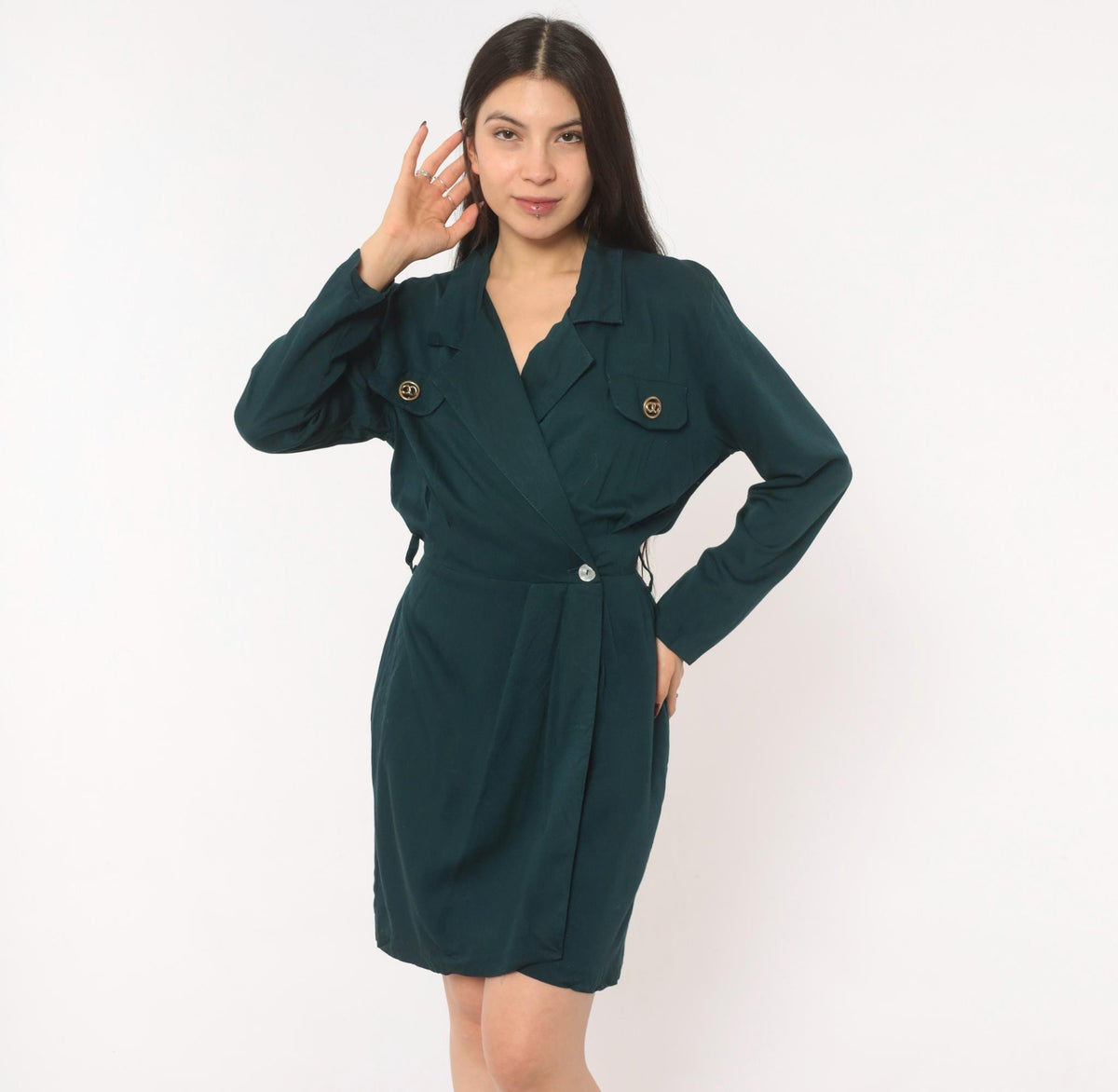 90s Deborah Teal Wrap Dress Gold Button Notched Collar Knee Length Small