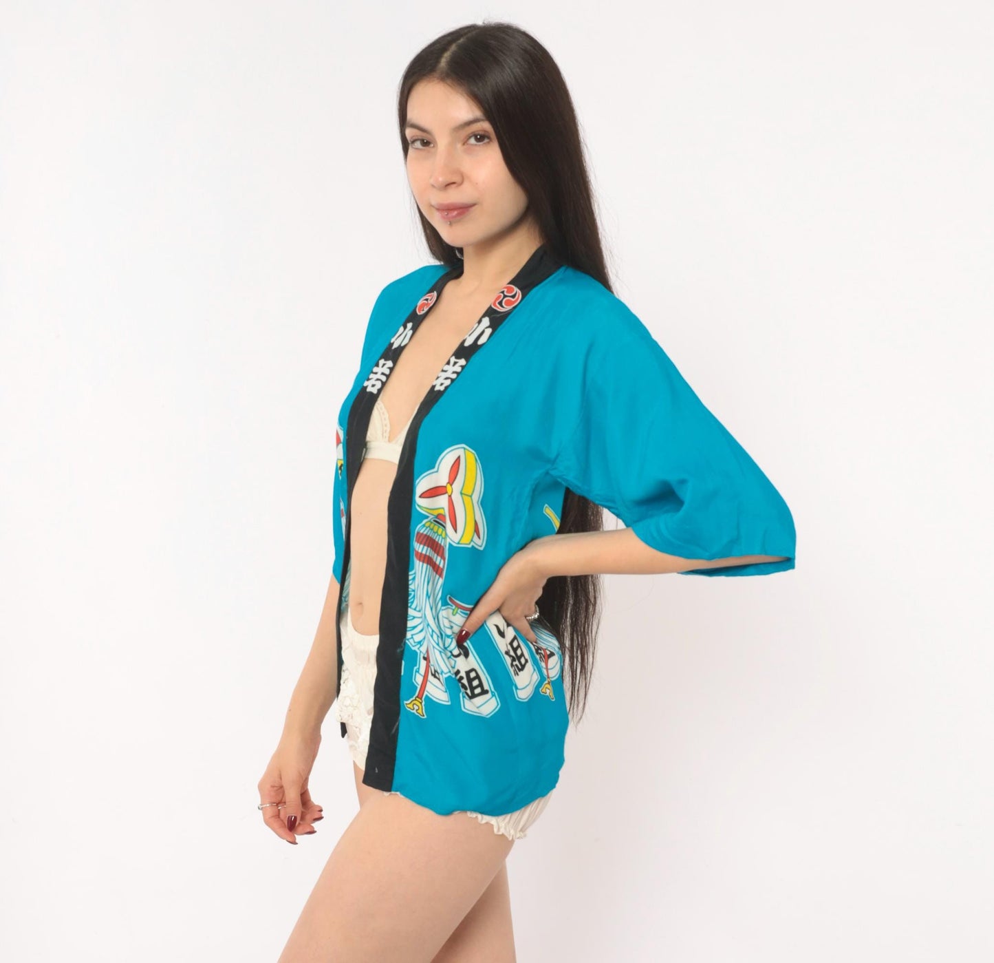 90s Japanese Festival Happi Coat Teal Matsuri Kanji Pinwheel Lantern Open Front Extra Small