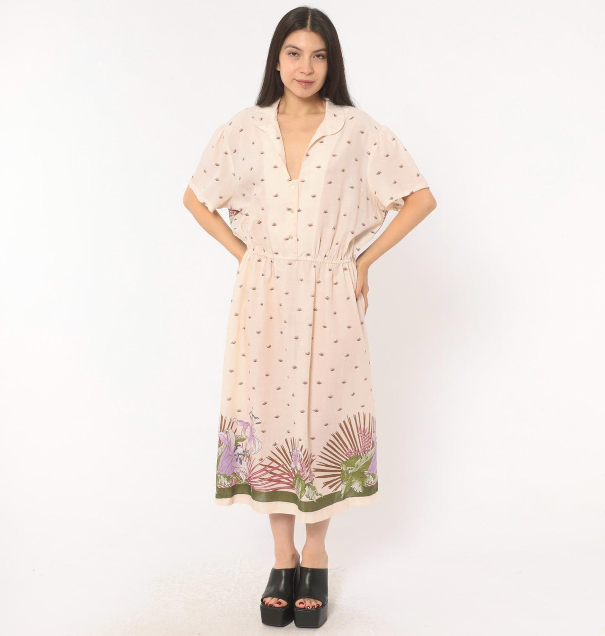 80s Jenny Wren Tropical Border Midi Dress Cotton Button Front Cream Extra Large