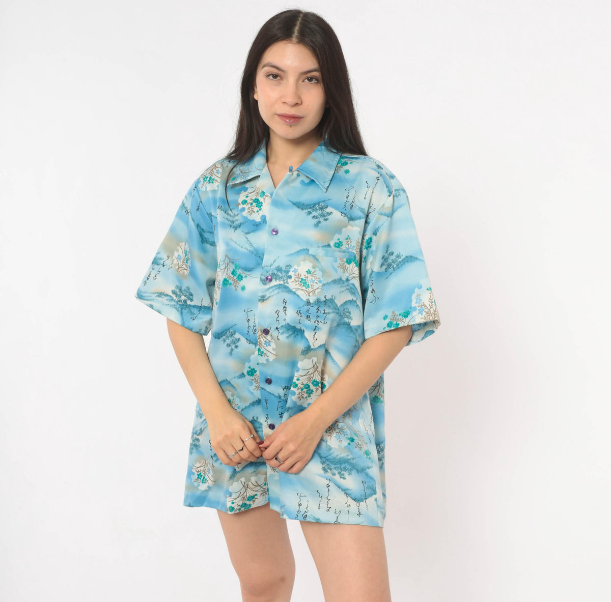 90s Mark Raysten Camp Collar Shirt Japanese Landscape Sky Blue Large L