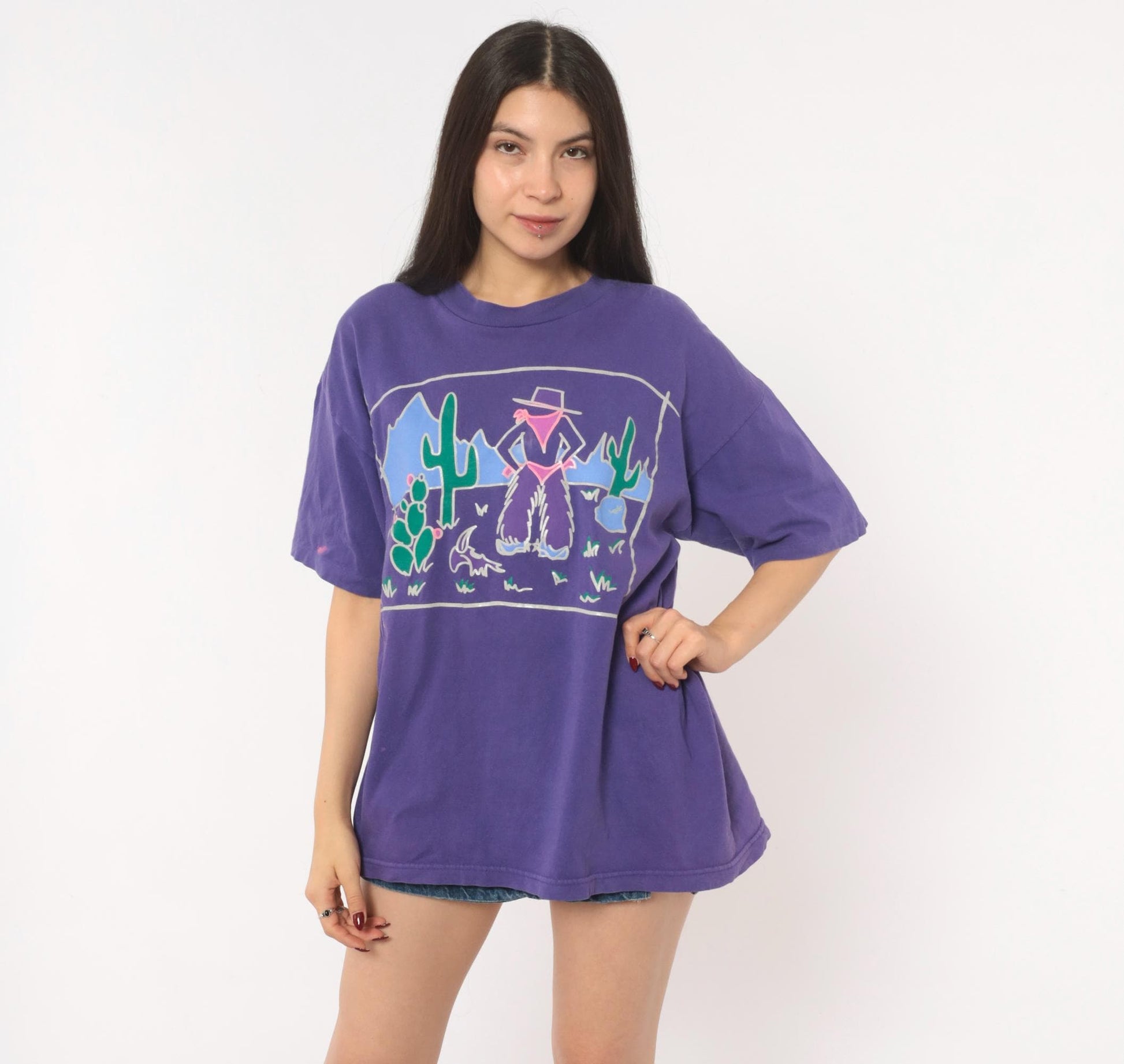 90s Murina Purple Southwestern Cowgirl Cactus Graphic Tee Cotton Large