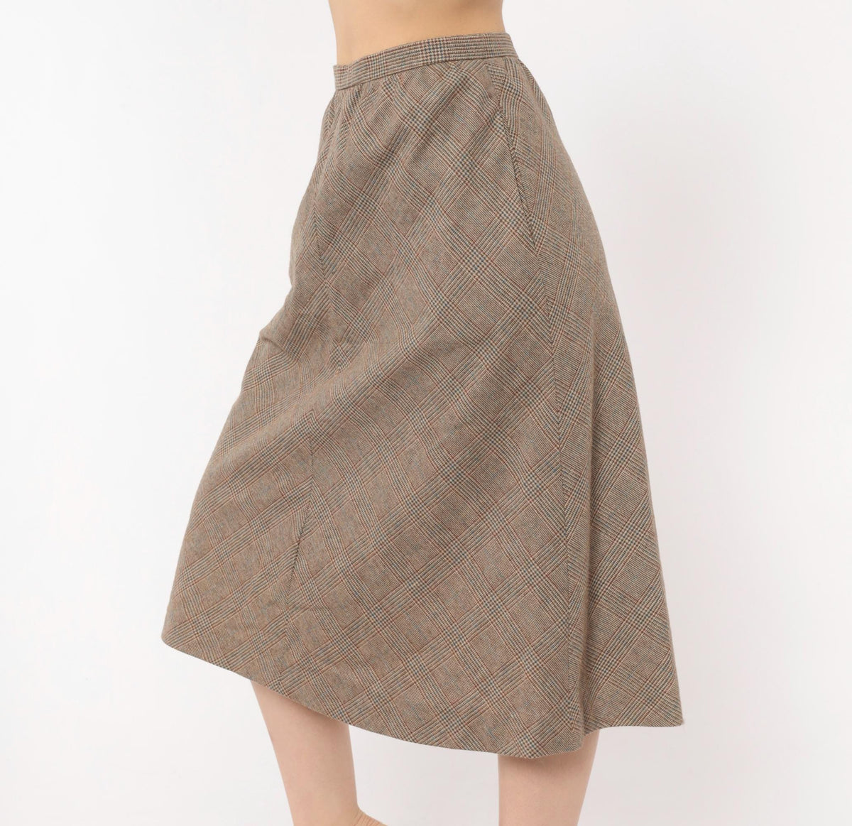 1970s Glen Plaid Wool A-Line Midi Skirt Brown Tan Check Extra Small XS