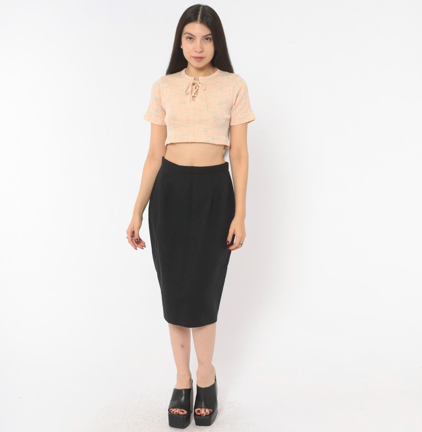 80s Michele Black Pencil Skirt High Waist Knee Length Small S