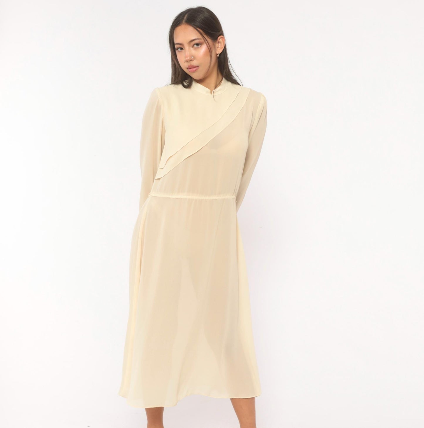 70s Jimmy Los Angeles Cream Chiffon Midi Dress Mandarin Collar Medium M