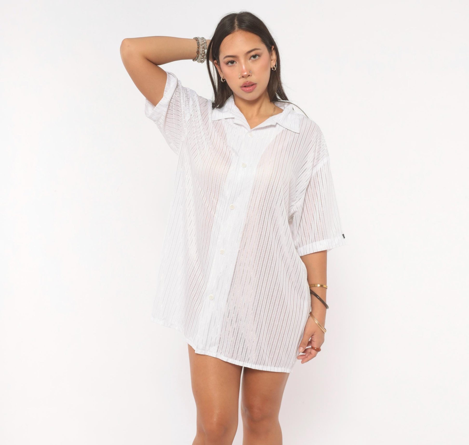 Y2K Solo White Striped Camp Collar Shirt Short Sleeve Plus Size 2X
