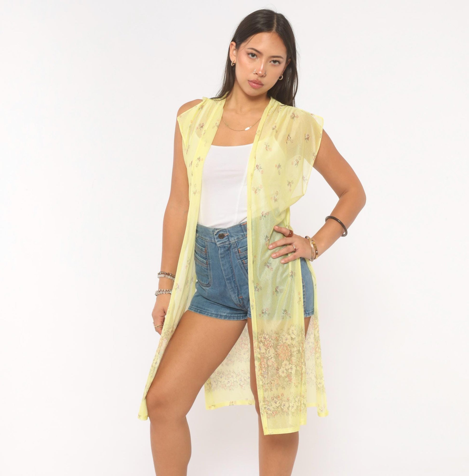 70s Yellow Sheer Floral Duster Cardigan Cap Sleeve Knee-Length Small