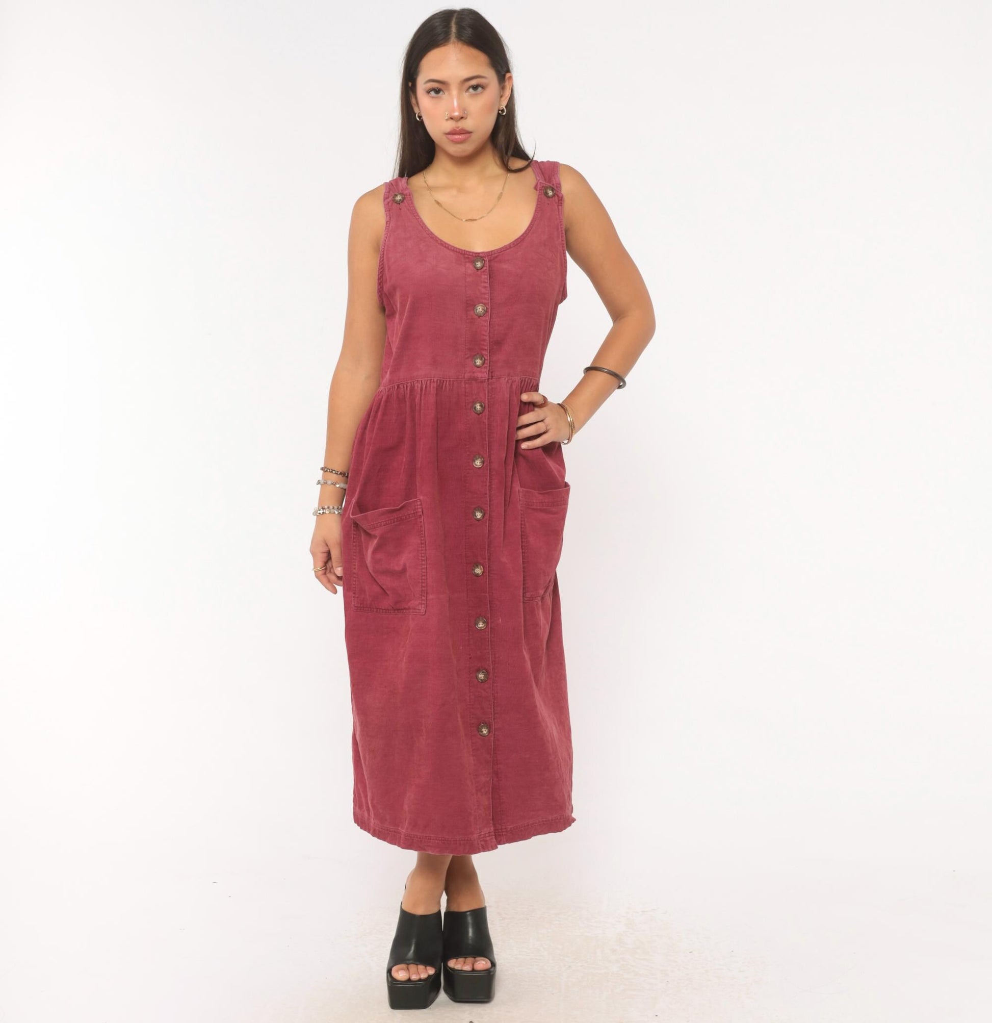90s J.G. Hook Mauve Corduroy Jumper Dress Button Front Midi Medium M