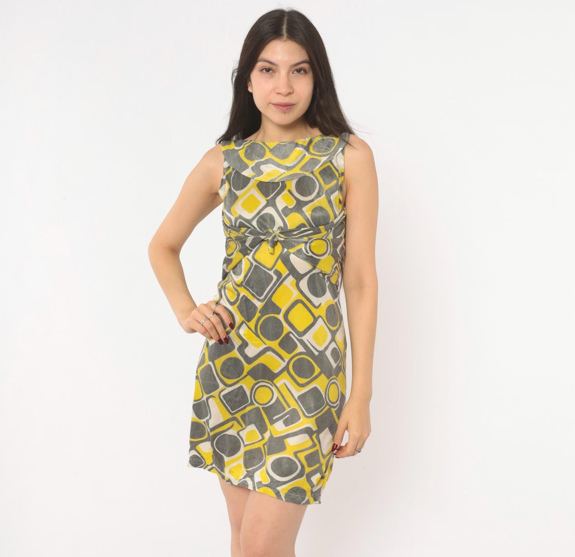 1960s Space Age Mod Mini Dress Yellow Grey Geometric Print Tie Waist Extra Small XS