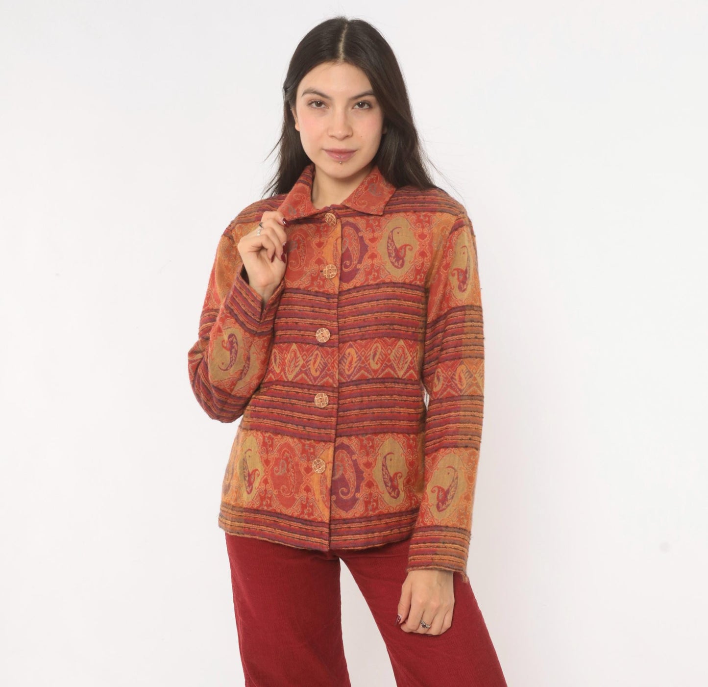 2000s Coldwater Creek Paisley Wool Jacket Rust Copper Plum XS