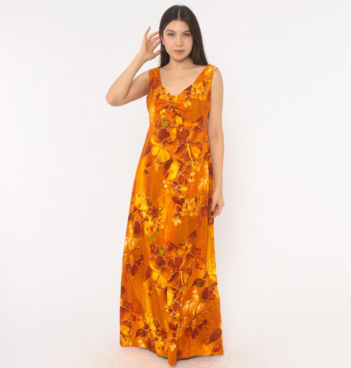 70s Kawika of Hawaii Maxi Dress Orange Floral Empire Waist Medium