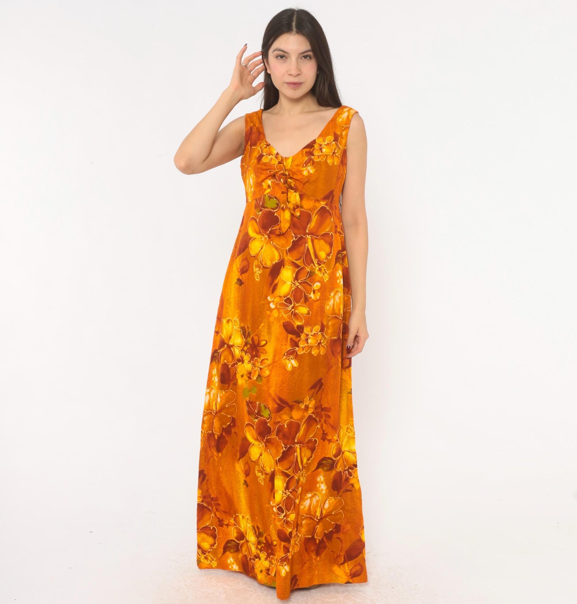 70s Kawika of Hawaii Maxi Dress Orange Floral Empire Waist Medium