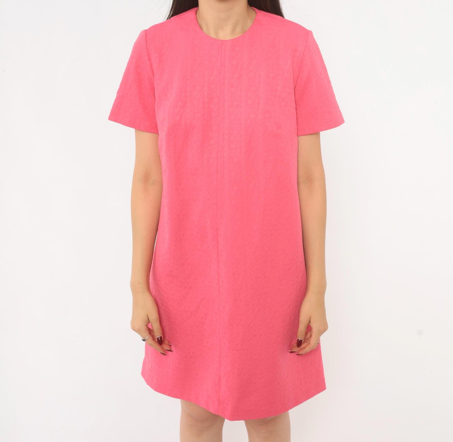 70s Hot Pink Shift Dress Jacquard Crew Neck A-Line Knee Length Medium M