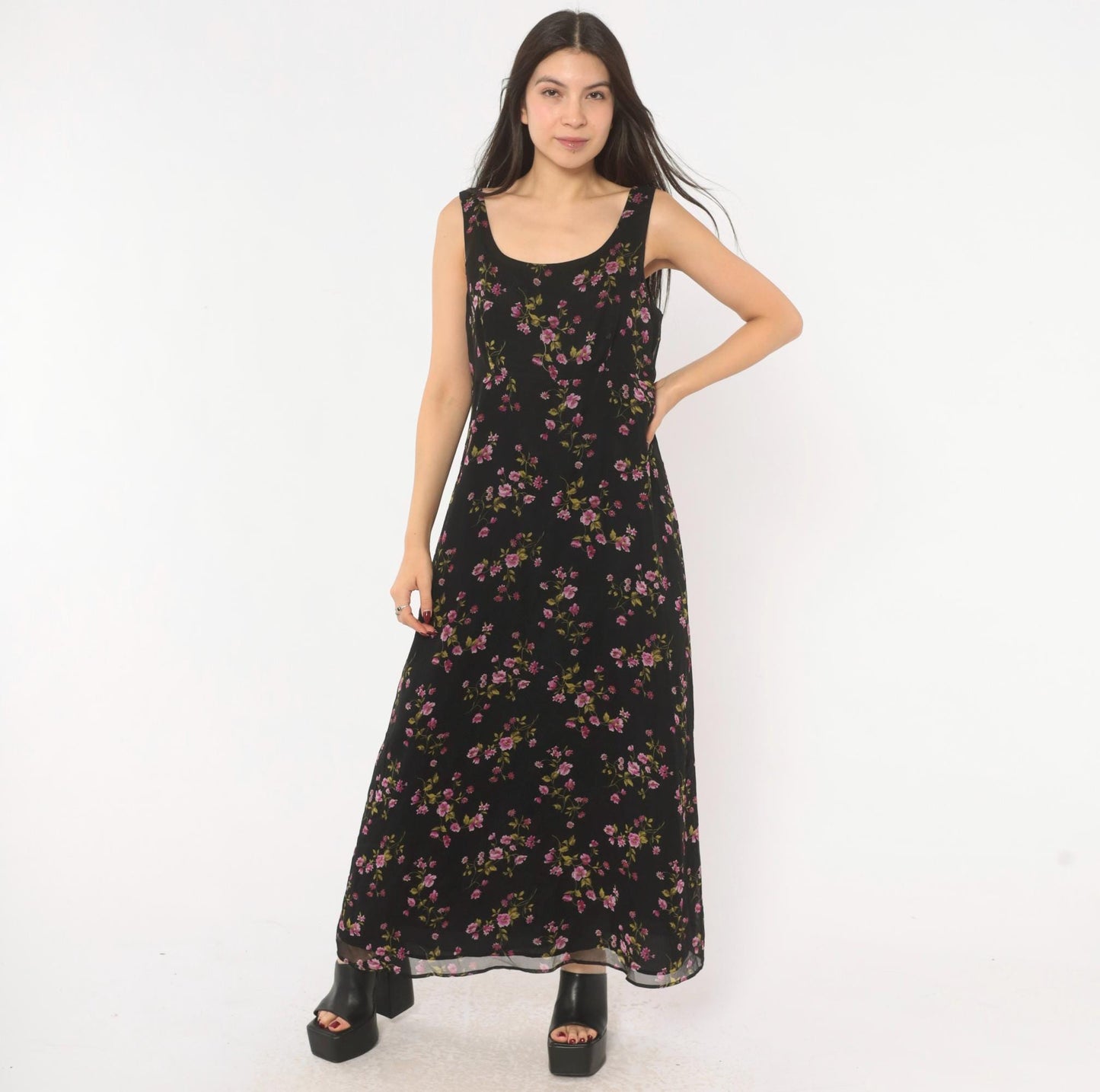 90s Robbie Bee Black Floral Silk Maxi Dress Purple Pink Scoop Neck Medium