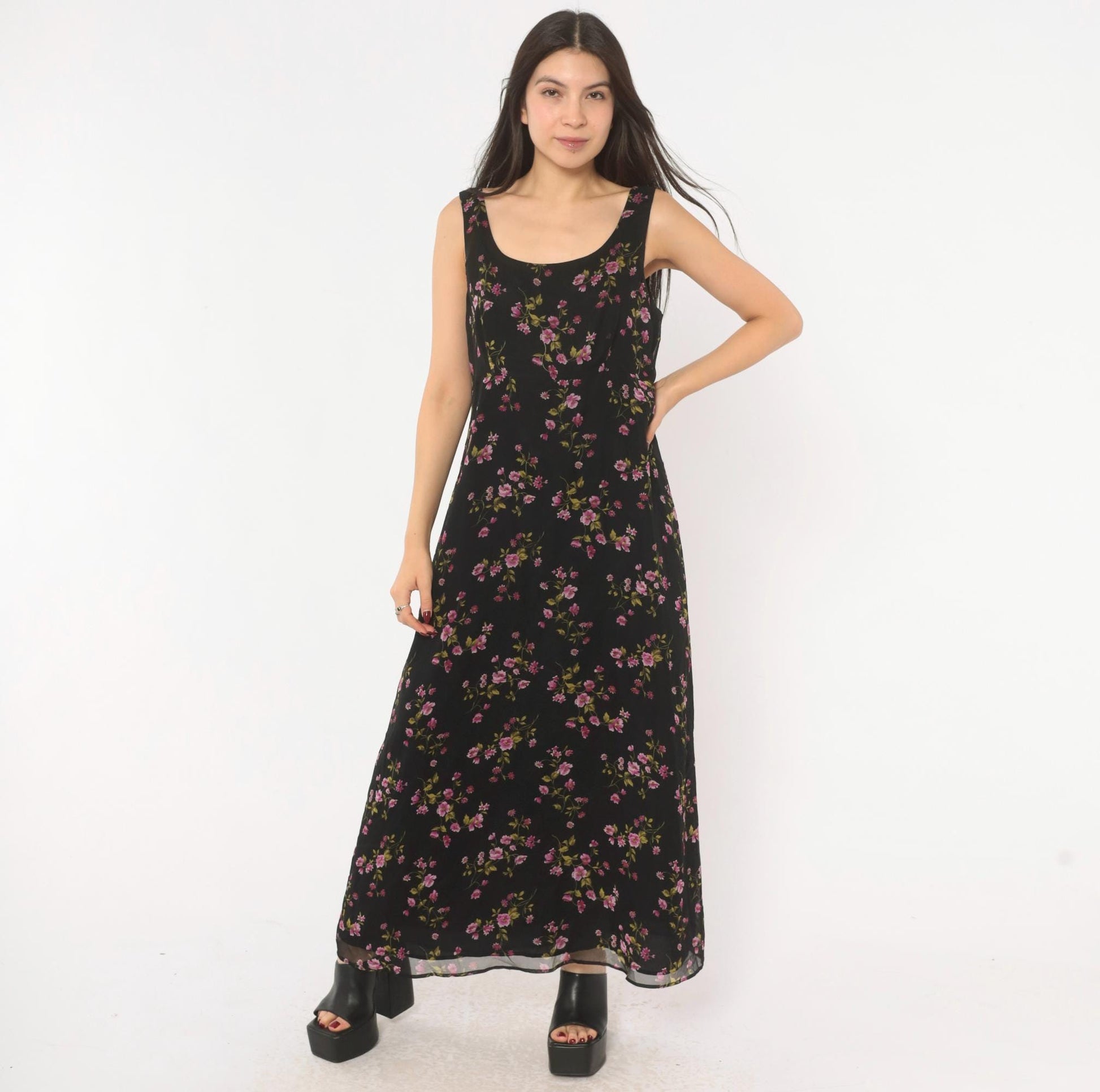 90s Robbie Bee Black Floral Silk Maxi Dress Purple Pink Scoop Neck Medium