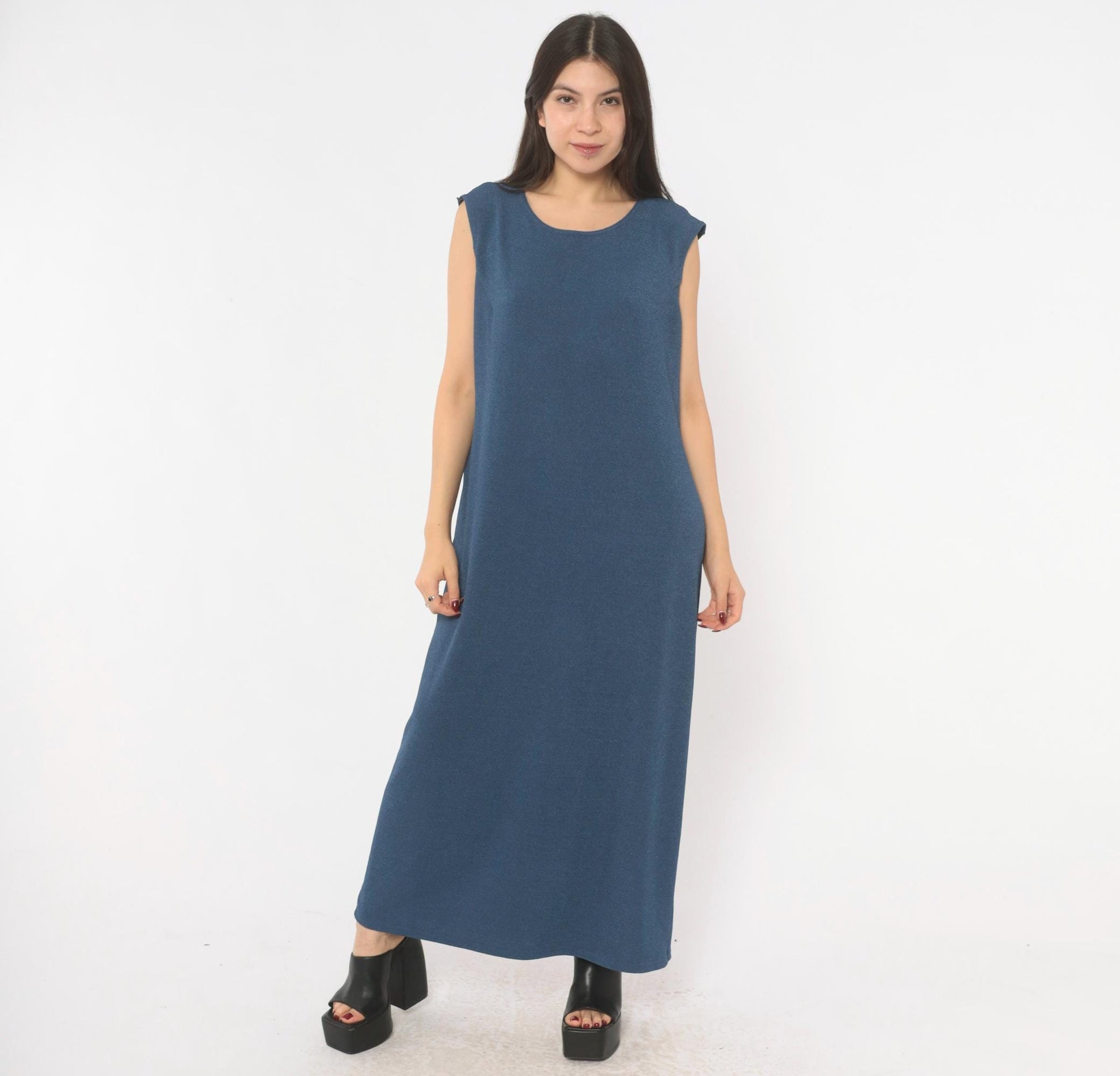 90s Slate Blue Sleeveless Maxi Dress Column Shift Scoop Neck Extra Large XL