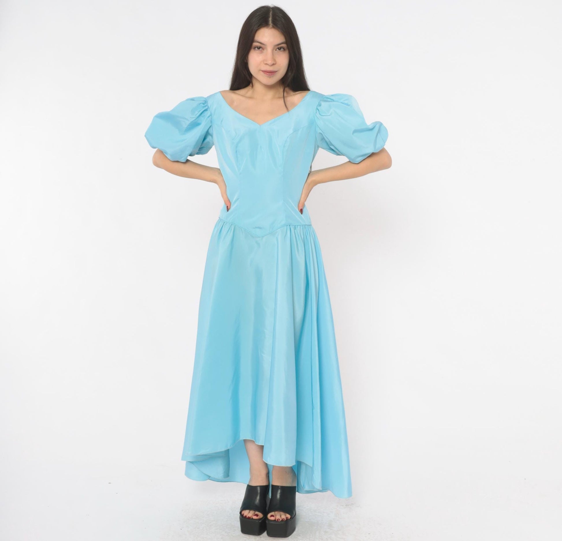 80s Sky Blue Puff Sleeve Gown Sweetheart Neckline Bow Back Maxi Medium M