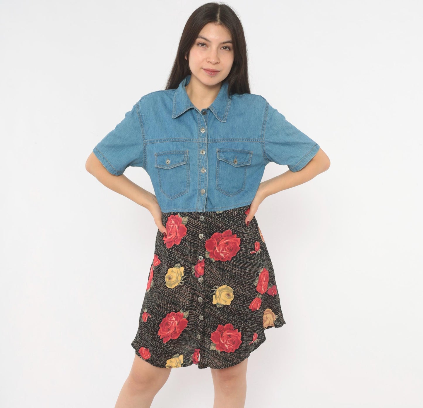 90s M.P.H. Denim Floral Mini Dress Button Front Collared Medium M
