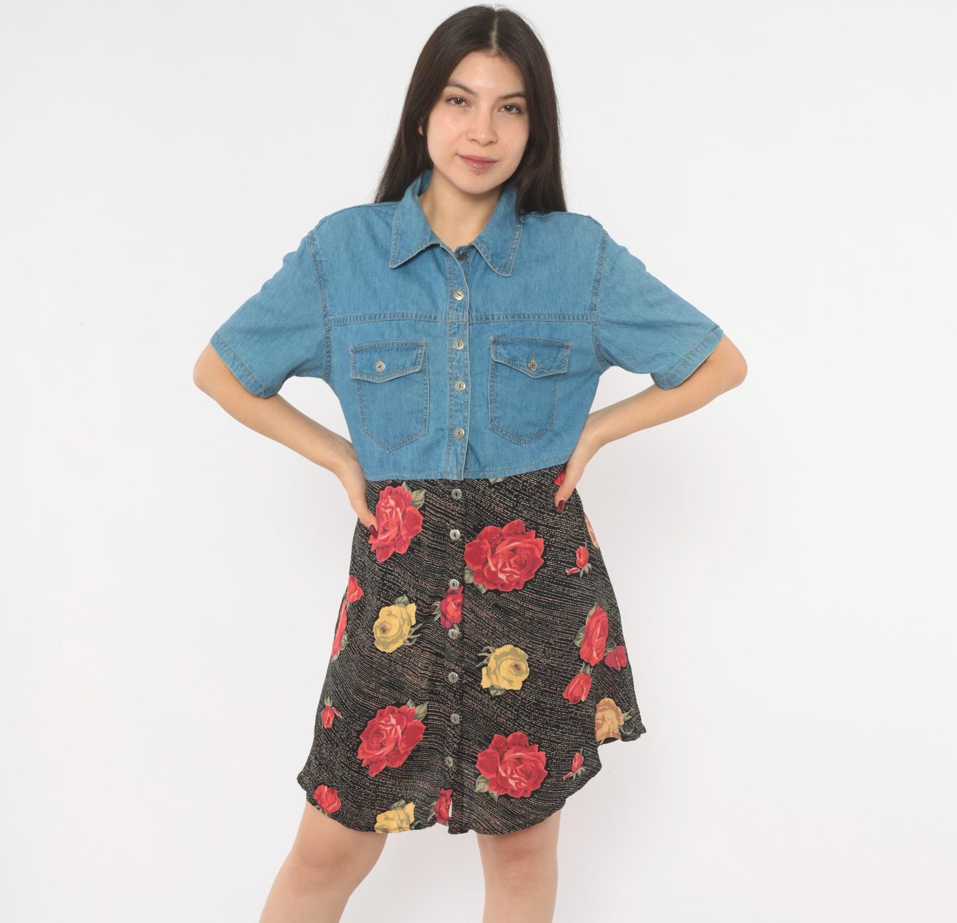 90s M.P.H. Denim Floral Mini Dress Button Front Collared Medium M