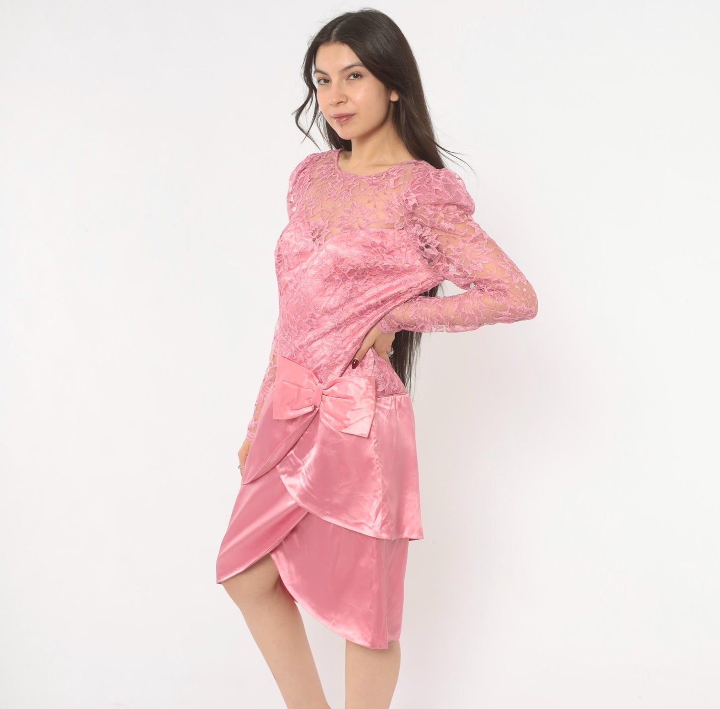 80s Pink Lace Satin Dress Puff Sleeve Bow Tiered Tulip Skirt Large L