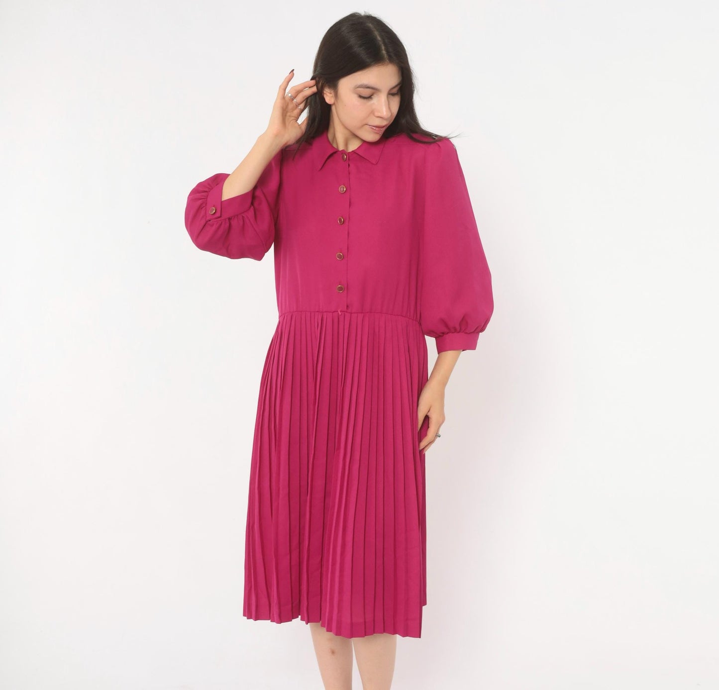 80s Sabino Petites Fuchsia Pleated Shirt Dress Puff Sleeve Knee Length Small